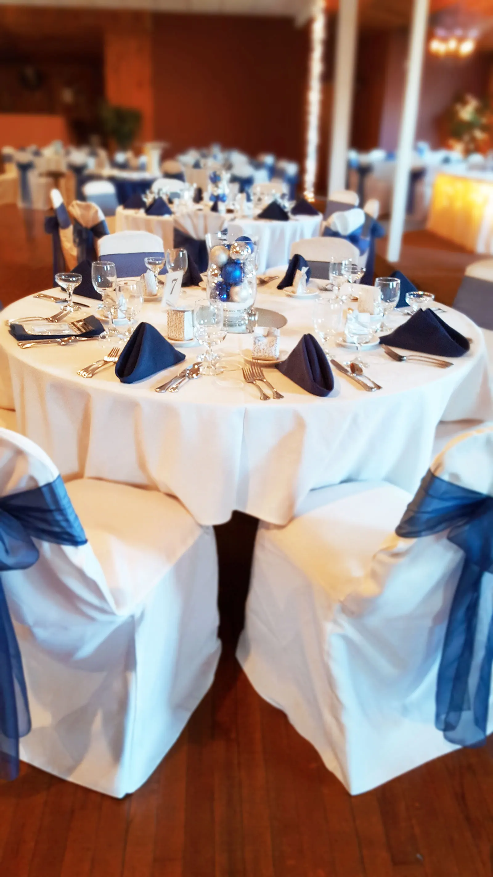 wedding dinner table with blue bows